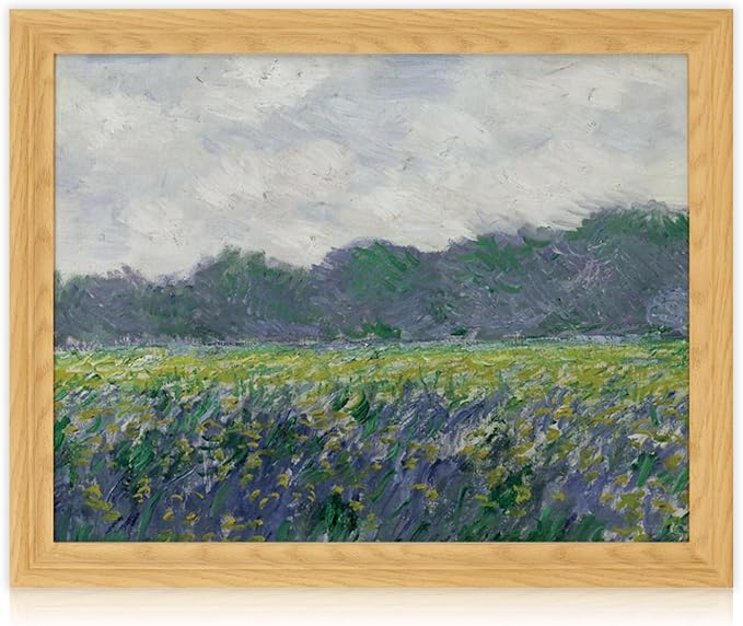 Brivoria Framed Canvas Wall Art Vintage Decor, Impressionist Landscape with Yellow Irises Purple Flowers and Bold Brushwork for Living Room Statement Wall or Botanical Gallery Display, 16"x20"