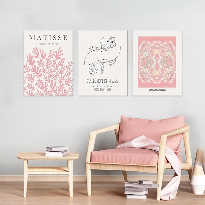 WRFON Unframed Pink Matisse Abstract Botanical Canvas Wall Art, Picasso Black Line Floral Poster Prints, Pink Flower Market Modern Elegant Aesthetic Pictures for Living Room Bedroom 12"x16"x3