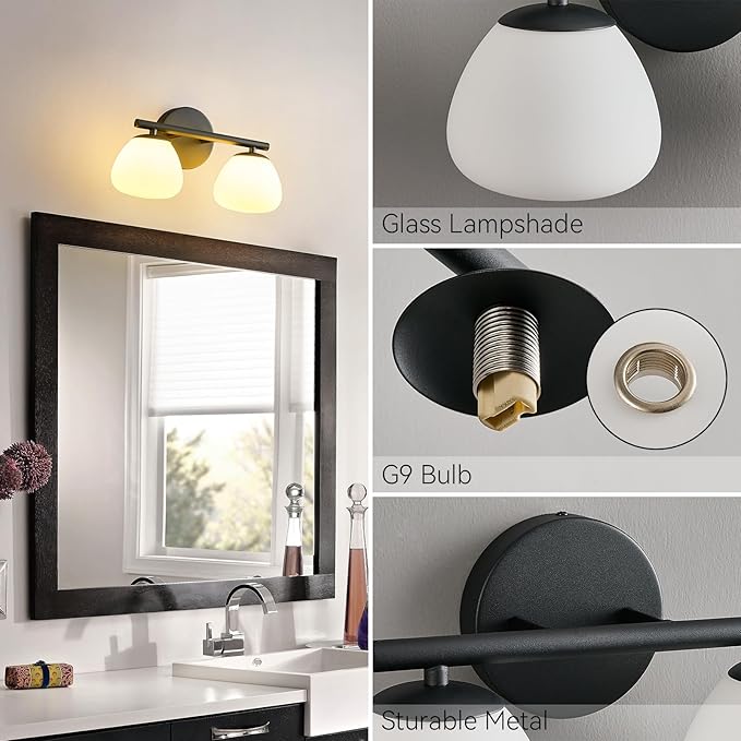 Modern 2 Light Bathroom Vanity Light Black Vanity Light Bathroom Light Fixtures Over Mirror with Milk Glass Shade Bathroom Wall Sconce