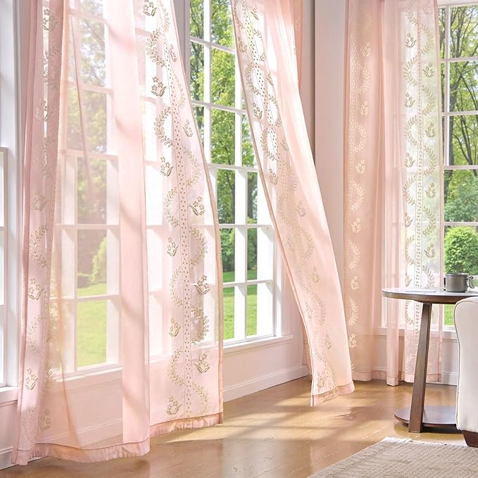 jinchan Belrose Pink Floral Sheer Curtains for Bedroom 63 Inch Long Voile Embroidered Farmhouse Curtains for Living Room Ivory Flower Patterned Rod Pocket Window Treatments, 2 Panels Pink