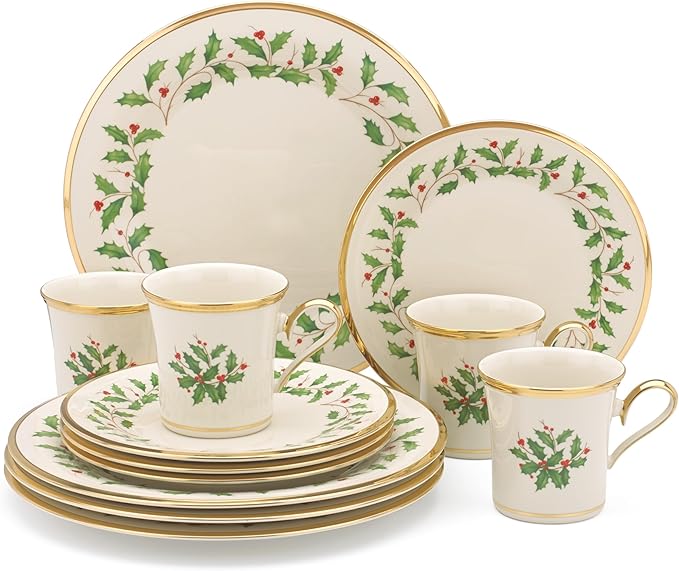 Lenox 6122048 Holiday 12-Piece-Plate-&-Mug Set, Christmas Dinnerware, Hosting