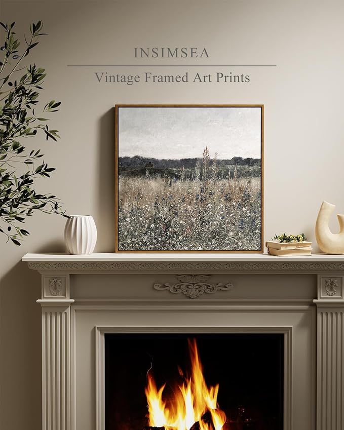 InSimSea Square Framed Canvas Wall Art, Scenery Field Home Decor, Vintage Meadow Flowers Wall Art Prints, Retro Nature Floral Wall Decor for Living Room Bedroom Home Bathroom 20"x20"