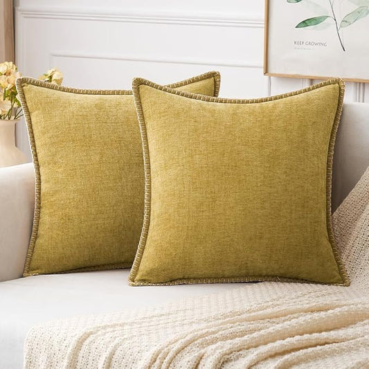 MIULEE Pack of 2 Couch Throw Pillow Covers 16x16 Inch Mustard Yellow Farmhouse Decorative Pillow Covers with Stitched Edge Soft Chenille Solid Dyed Fall Pillow Covers for Sofa Bed Living Room