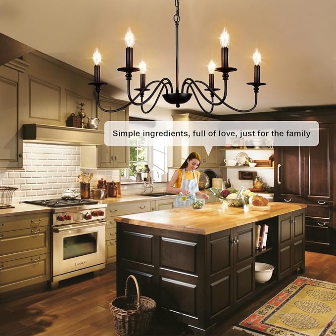 Depuley Farmhouse Chandelier for Dining Room: 6-Light Black Industrial Kitchen Island Pendant Light Fixture with 6 E12 Bulbs - Rustic Candle Chandeliers Vintage Modern Hanging Ceiling Lamp for Bedroom