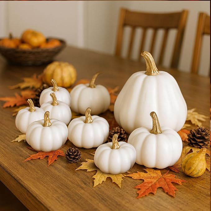 DomeStar 18PCS White Pumpkins for Decoration, Artificial Small White Foam Pumpkins Assorted Sizes for Wedding Thanksgiving Farmhouse Table Decor