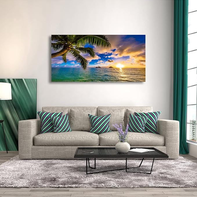 Seascape Sunset Pictures Canvas Wall Art For Living Room Bedroom Wall Decor,Palm Wall Art Print Paitnings For Home Decor,Morden Artwork Coconut Tree Canvas Art Waterproof Ready To Hang-20X40Inches