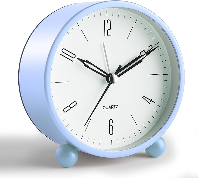 Analog Alarm Clock, 4 inch Super Silent Non Ticking Small Clock with Night Light, Battery Operated, Simple Design, Old fashioned Style SkyBlue decor, for Bedroom, Bedside, Desk, Adult, Kid, Gift, Blue