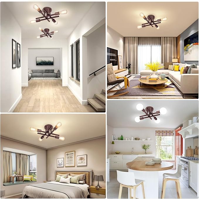 4-Light Semi Flush Mount Ceiling Light Fixture, Oil Rubbed Bronze Modern Industrial Sputnik Chandelier Light Fixture, Metal Flush Mount Ceiling Light for Kitchen Bedroom Living Room Closet, No Bulb