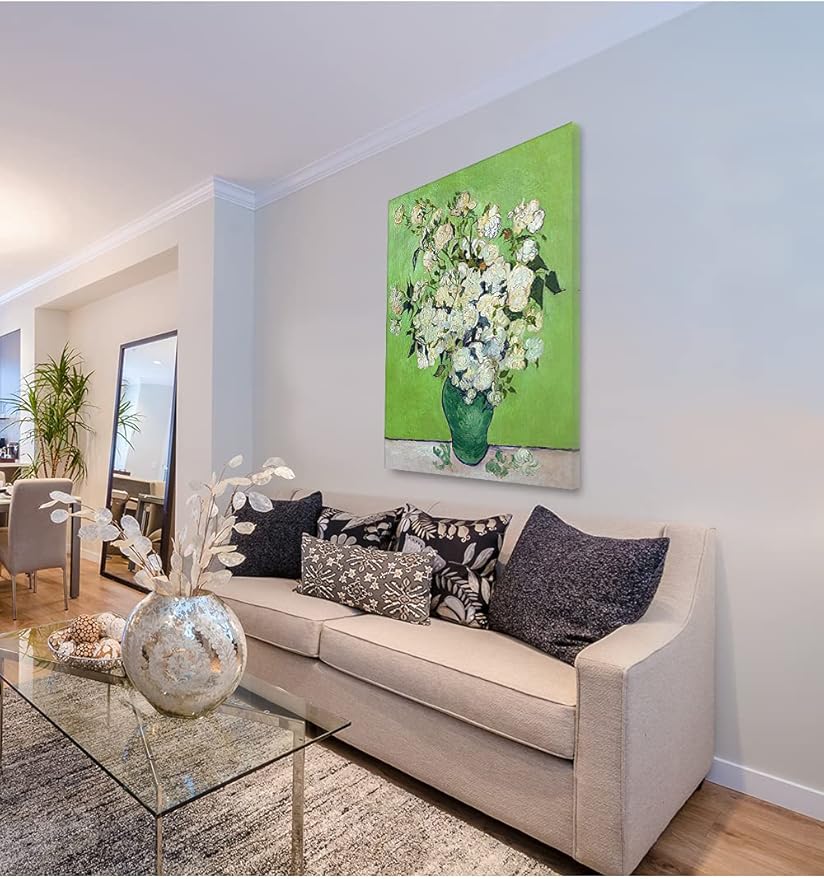 DECORARTS - Pink Roses in a Vase, Vincent Van Gogh Art Reproduction. Giclee Print on Canvas. Wall Art for Home. 40x32