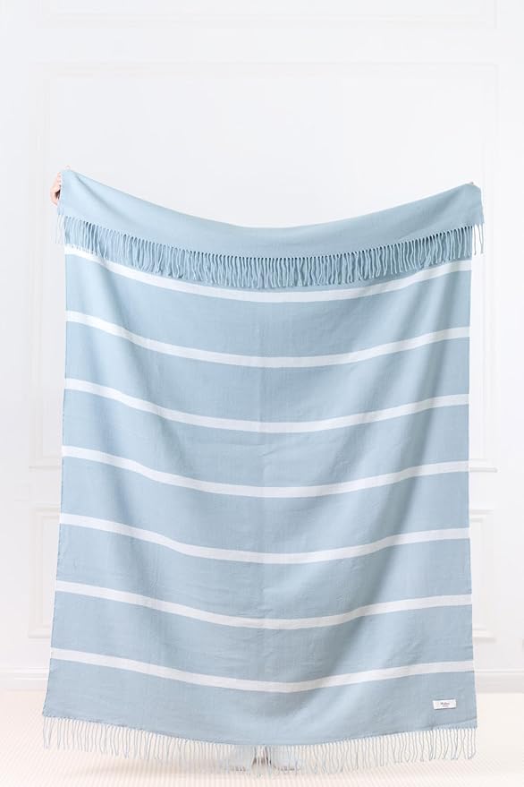 Hofdeco Premium Coastal Decorative Throw Blanket for Patio Couch Sofa, Baby Blue White Pinstripes with Fringe, 52"x71"