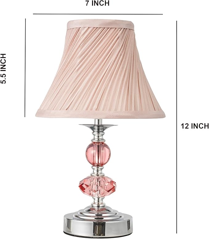 Small Modern Crystal Bedside Table Lamp, 7 x 7 x 12 Inch Electroplaetd Silver Base Table Lamp for Bedrooms and Office (Pink Pleated Bell Shape Shade)
