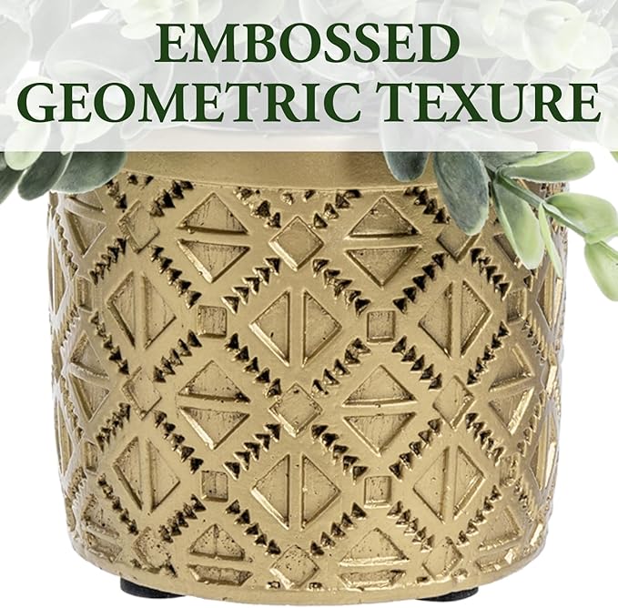 MyGift Artificial Eucalyptus Plant in Modern Gray Concrete Pots with Geometric Embossed Pattern (1, Gold)
