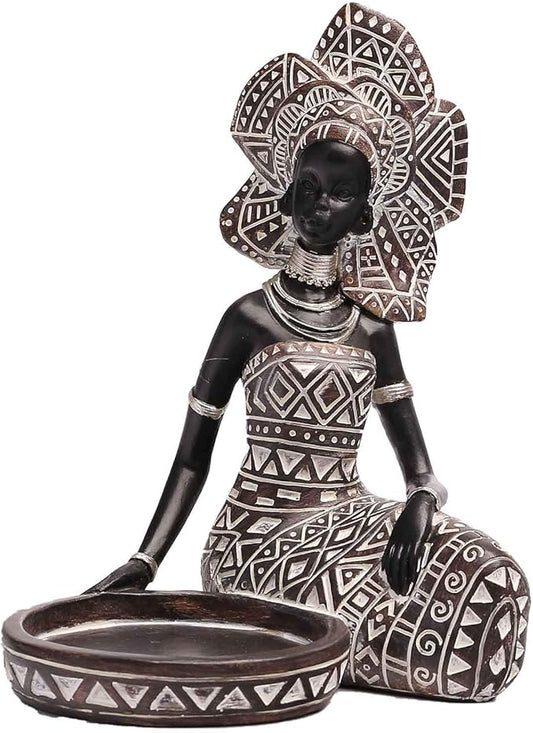 African Lady Figurine Candle Holder with African Tribal Totem for Wedding,Church,Holiday Decor-African Decorative Women Statues, Candlestick Holder for Home and Table Decor(754-Brown)