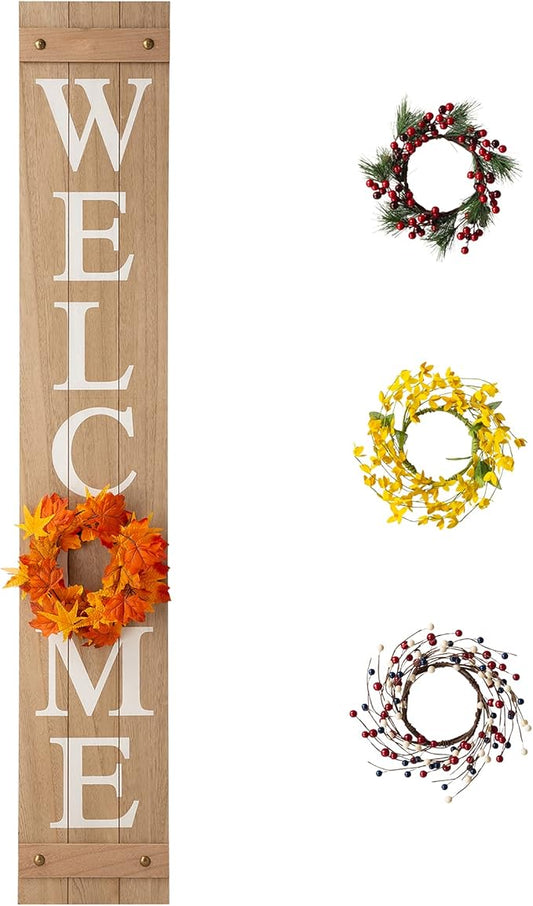 Glitzhome Welcome Sign with 4 Interchangeable Floral Wreaths for Front Door Porch, Farmhouse Wooden Hanging Wall Sign for Seasons Spring Fall Harvest Thanksgiving Christmas, 60”H, Natural