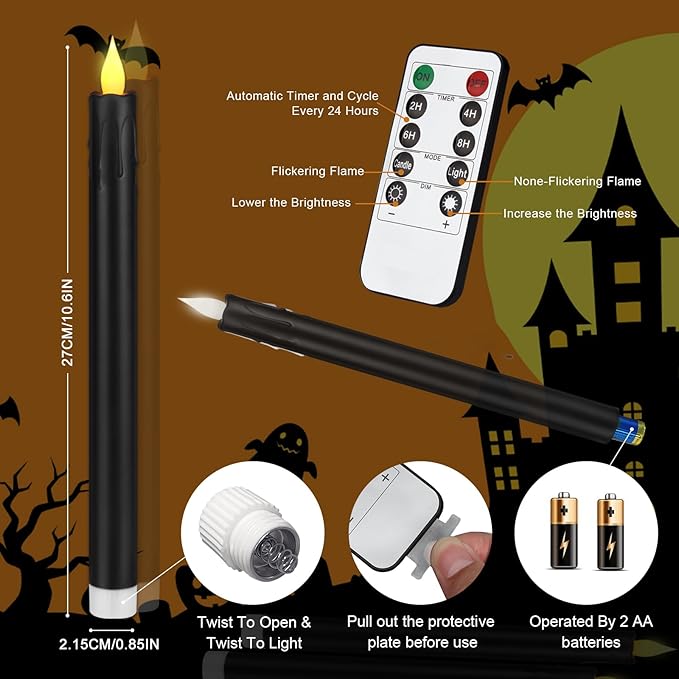 Flameless Taper Candles 10.6" Dripless Battery Operated Taper Candles Included Remote Timer 400+ Hours by 2AA Batteries for Halloween Christmas Wedding (Black, 6 Pack)