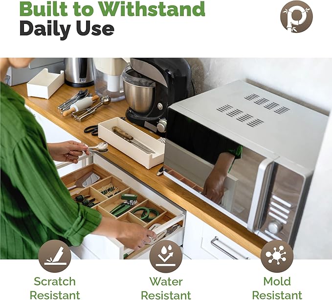 Expandable Drawer Organizers for Kitchen - Extra Deep Non-Slip 17” x 14.6” (expands up to 25 inches) - Dark Wooden Silverware Divider (10 Compartments) – Organize Cooking Utensils