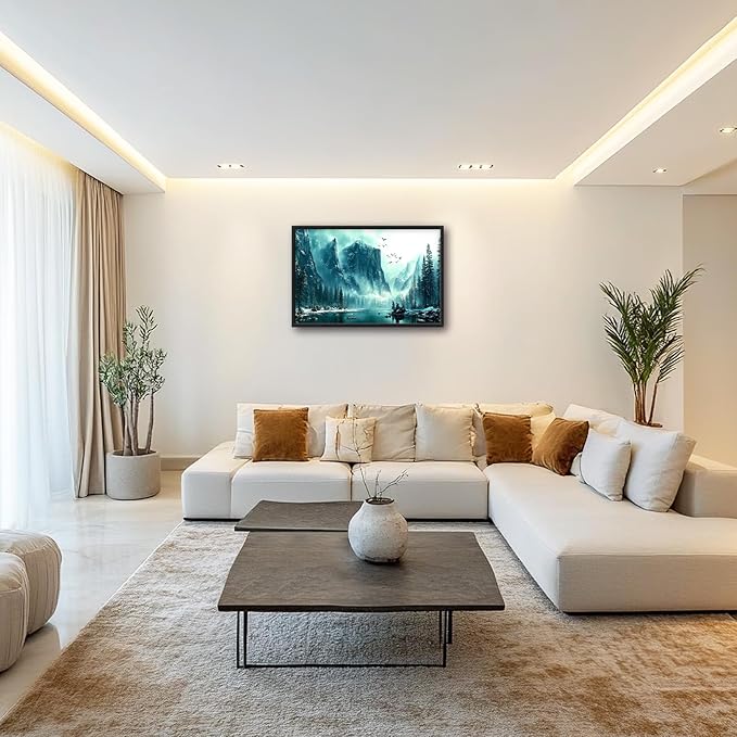 Framed Large Wall Art for Living Room, Mountain Lake Canvas Wall Decor, Forest Tree Pictures Painting, Modern Landscape Artwork for Bedroom Office 36L'' × 24W''