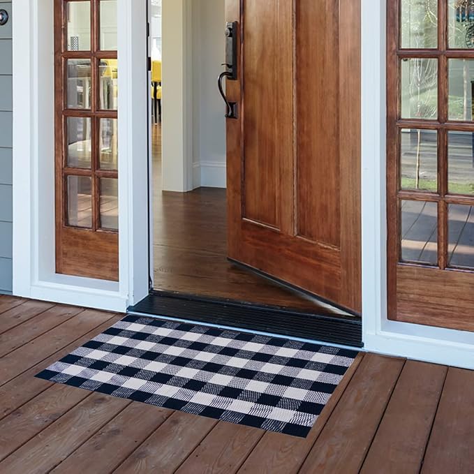 SEEKSEE Cotton Buffalo Plaid Rug 3'x5' Navy Blue and White Checked Rug Washable Doormats Indoor Outdoor Rugs for Layered Front Door Mats, Porch, Kitchen, Farmhouse, Entryway