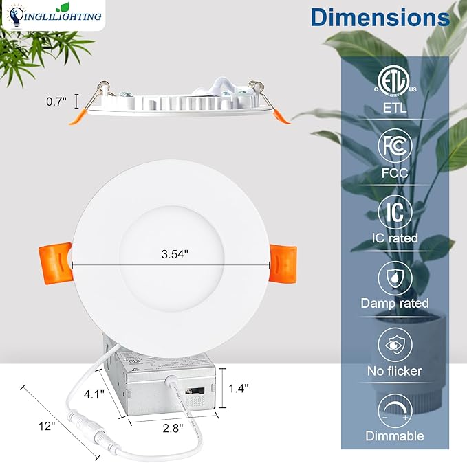 DINGLILIGHTING LED Recessed Ceiling Light: 12pc 3inch - White