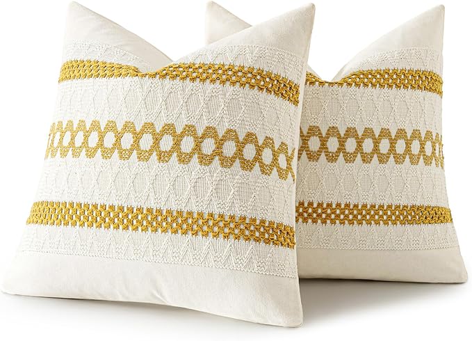 MIULEE Set of 2 Mustard Yellow Boho Decorative Pillow Covers 20x20 Inch Farmhouse Rustic Couch Throw Pillows Modern Spring Cotton Cushion Covers Retro Cute Macrame Woven Home Decor for Bed Sofa Chair