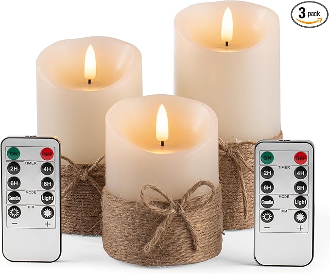 Flameless Candles Battery Operated Pillar Real Wax Electric LED Candle Gift Set with Remote Control and Timer, 4" 5" 6" Pack of 3 (Ivory Wax with Hemp Rope)