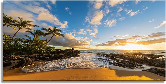 DZL Art S75475 Large Beach wall art Secret Beach at sunset, Maui, Hawaii Canvas Wall Art For Living Room Decoration Nature Picture Canvas Prints Painting for for Office Wall Decor Home Decorations