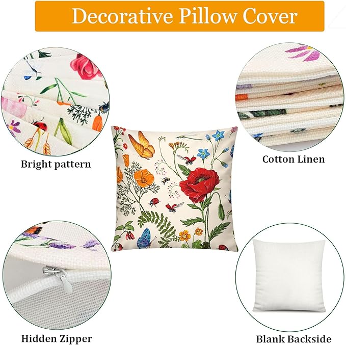 Red Pink Flower Pillow Cover 16x16 Set of 6 Summer Throw Pillow Covers Colorful Floral Cushion Covers for Couch Sofa Living Room Home Decor