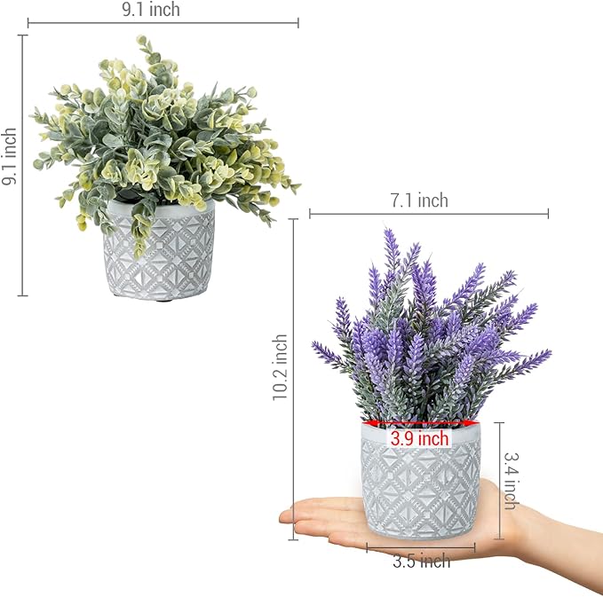 MyGift Artificial Potted Eucalyptus and Lavender Plant Faux Greenery in Modern Geometric Embossed Pattern Concrete Planter Pot, 2 Pc Set