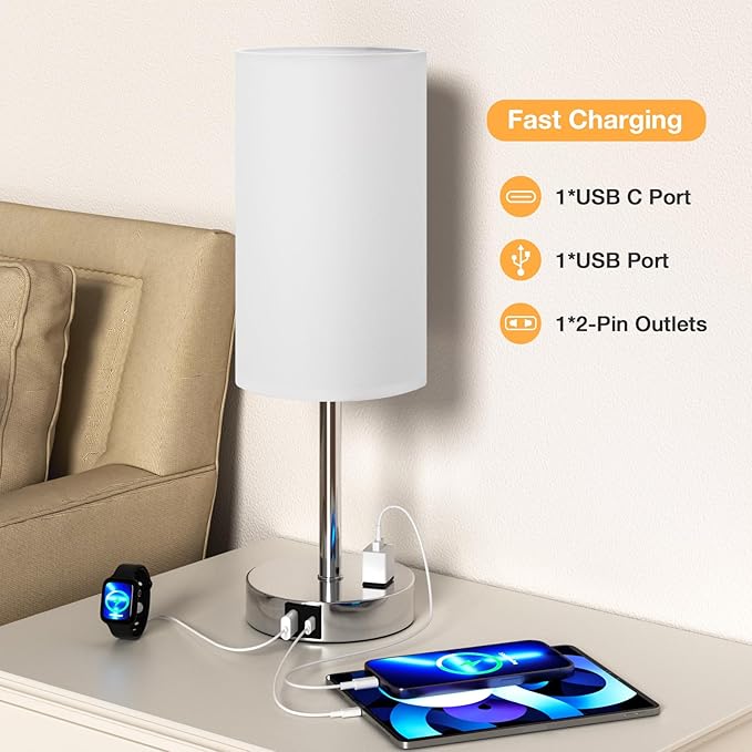17.4Inch Bedside Touch Table Lamps for Bedroom - Tall Nightstand Lamp with USB-C USB-A Charging Ports White - 3 Way Dimmable Small Desk Lamp for Office, Dorm Room, Living Room, Reading