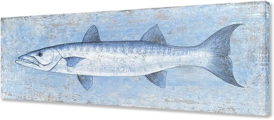 Yihui Arts Blue and White Fish Canvas Wall Art – Coastal Paintings with Textured for Living Room Bedroom Bathroom Decor