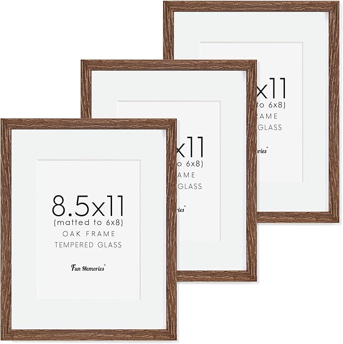 Fun Memories Solid Oak Wood Frame 8.5x11 Photo Frames With Real Glass, Display Poster 6x8 With Mat or Without Mat, Wall Display, Walnut Color, 3 Pack