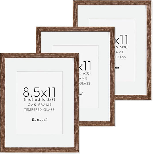 Fun Memories Solid Oak Wood Frame 8.5x11 Photo Frames With Real Glass, Display Poster 6x8 With Mat or Without Mat, Wall Display, Walnut Color, 3 Pack