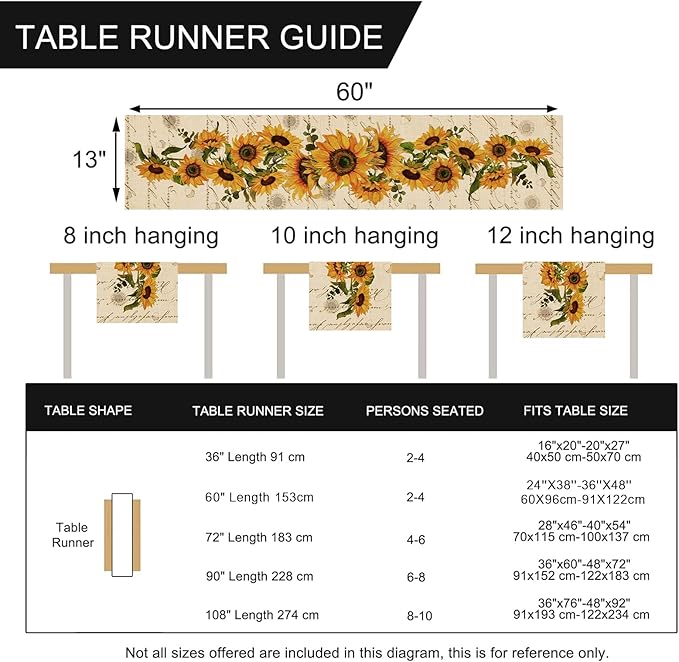 Seliem Fall Sunflowers Table Runner, Vintage Spring Summer Flower Home Kitchen Dining Decor, Seasonal Farmhouse Floral Decorations Indoor Outdoor Party Supply 13 x 60 Inch