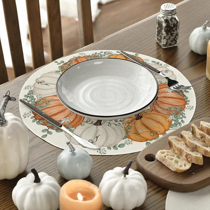 Artoid Mode Orange Pumpkins Eucalyptus Leaves Round Fall Placemats Set of 4, 14 Inch Thanksgiving Round Table Mats for Dining Decoration