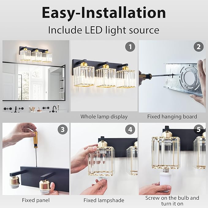 Bathroom Vanity Light Fixtures Over Mirror - Makeup Lighting Black Gold - for Modern Wall, Bath, Desk, Farmhouse, Hallway 3 Crystal Lights