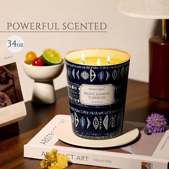 HomeLights Scented Candles for Women & Men, 34oz Candle Jars Aromatherapy 3-Wick Candle, Ideal for Bohemian Natural Textures Home Decor and Gifts, White Jasmine Tuberose