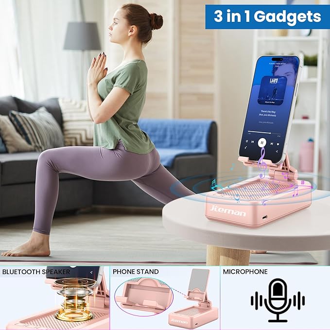 JTEMAN Cell Phone Stand with Bluetooth Speaker,Birthday Gifts for Women and Men,Kitchen Gadgets for Men,Compatible for iPhone/Samsung/Mini iPad - Pink