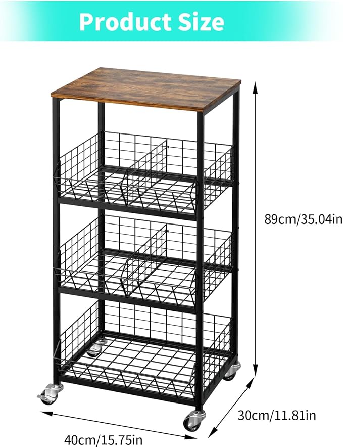 HapiRm Kitchen Fruit Vegetable Cart - 4 Tier Rolling Storage Rack with Wheels and Dividers, Coffee Station Cart Rack Shelf Organizer for Onion, Potato, Snack, Fruit, Vegetable Storage Stand, Black