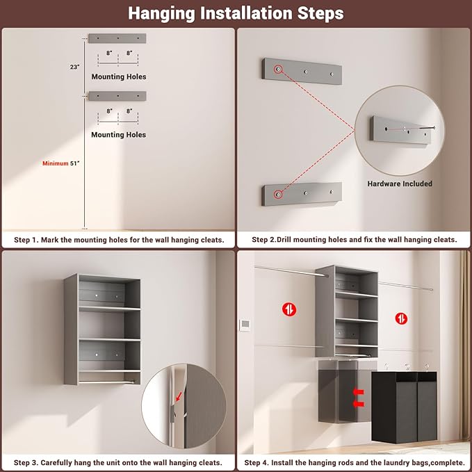 Hanging Closet System with 2 Laundry Hampers, Wood Closet Organizer System with Towers and Hanging Rods, Fits 2-10 Ft. Wall Mounted Closet Systems for Walk-in Closet, Laundry Room, Grey