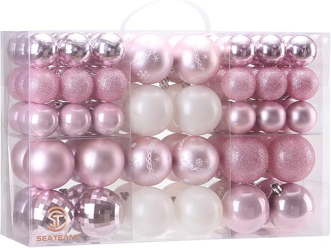 Sea Team 86-Pack Shatterproof Pink Christmas Ball Ornaments Set, Assorted Multi-Sized Hanging Baubles, Xmas Tree Decorations, Seasonal Décor for Holiday Wreath Garland, Hooks Included
