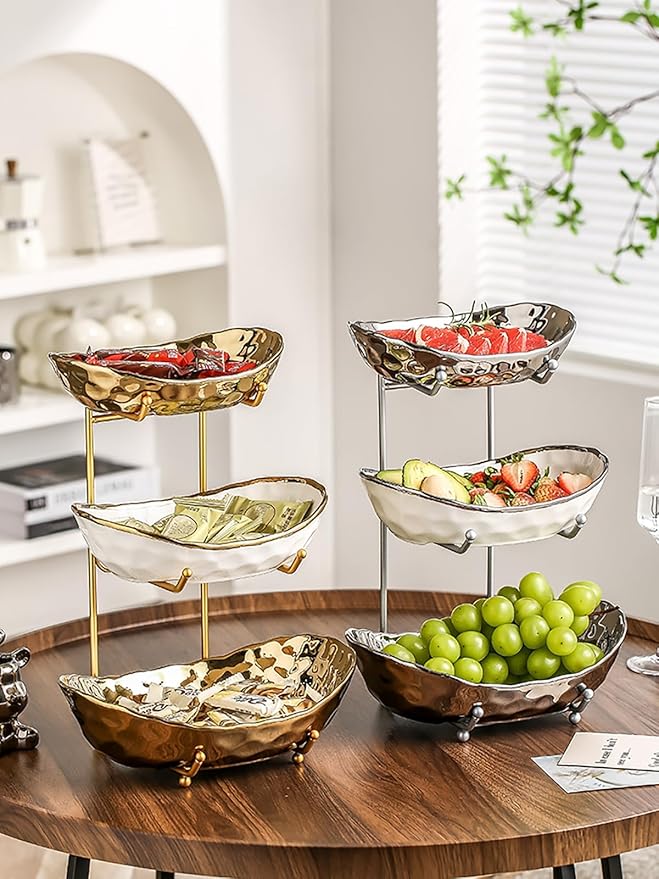 3-Tier Fruit Bowls for Kitchen Counter,Ceramic Bowl with Gold Metal Stand,3 Tier Fruit Basket for Fruit,Snack,Cake,Nuts,Dessert Storage