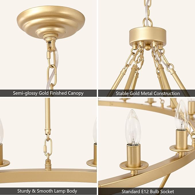 60 Inch Gold Wagon Wheel Chandelier, 2 Tier 54-Lights Large Farmhouse Chandeliers for High Ceilings, Extra Large Industrial Brushed Gold Pendant Lights for Foyer Hallway Dining Room Living Room