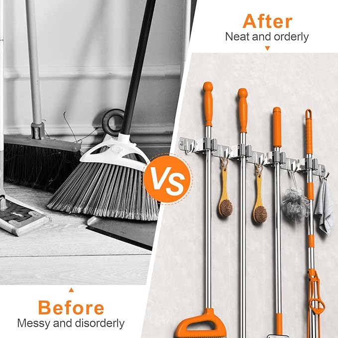 Mop and Broom Holder Wall Mount, Upgraded Broom Organizer Wall Mount, Stainless Steel Broom Hanger Wall Mount for Home Kitchen Garden Laundry Garage (4 Racks with 5 Hooks Silver)