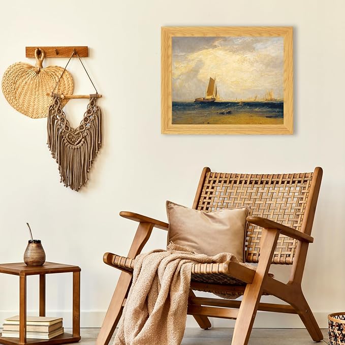 Brivoria Framed Canvas Wall Art Vintage Decor, Romantic Coastal Scene with Sailing Vessel Golden Sky Sunlit Tide and Shore Birds for Hallway Dining Room or Nautical Wall Decoration, 13"x16"