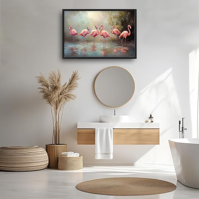 Flamingo Framed Wall Art for Living Room, Large Pink Birds Canvas Wall Decor, Animal Lake Pictures Painting, Modern Artwork for Bathroom Bedroom 36L'' × 24W''