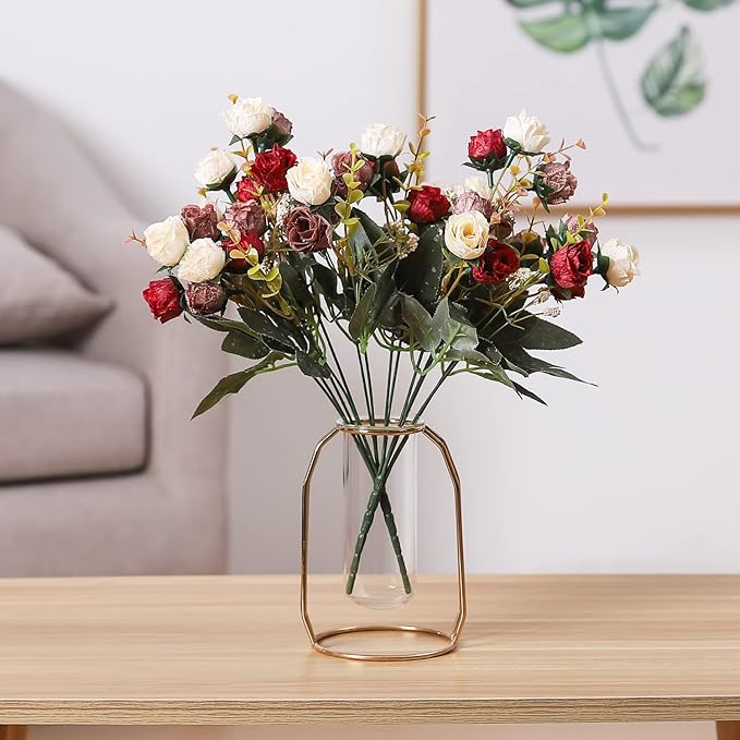 Duovlo 7 Branch 21 Mini Rose Heads Artificial Flowers Bouquet Wedding Home Office Decor,Pack of 2 (2 PCS Red)