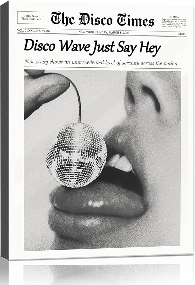 Trendy Disco NewsPaper Wall Art Prints Canvas Wall Art Prints Cherry Disco Ball Headline Poster Black and White Posters Funky Aesthetic Canvas Prints Magazine Art Dorm Living Room Home Décor 8x10in
