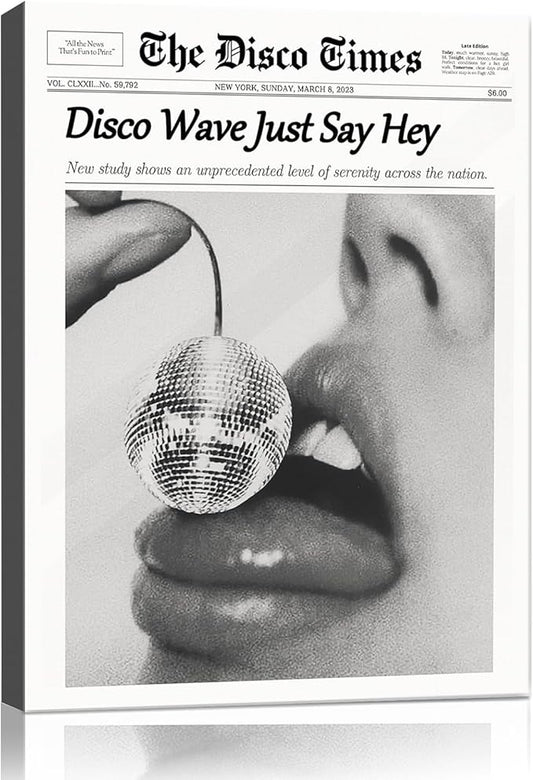 Trendy Disco NewsPaper Wall Art Prints Canvas Wall Art Prints Cherry Disco Ball Headline Poster Black and White Posters Funky Aesthetic Canvas Prints Magazine Art Dorm Living Room Home Décor 8x10in