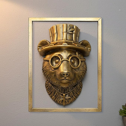 Animal Heads Wall Decor (Includes Metal Frame) Resin Animals Sculptures Head Wall Hanging Decoration Gold vintage Wall Sculpture for Living Room Bedroom Office(Panda)