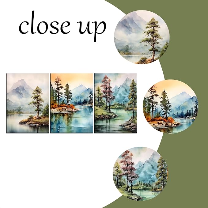 Lake 3 Pieces Poster Wall Art Landscape Watercolor Mountain Forest Print on Canvas Abstract Theme Picture Painting Wall Decor Artwork for Living Room Hotel Workplace Ready to Hang [60''Wx28''H]